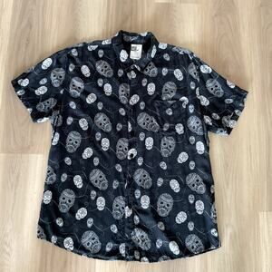 Mr. Buho Sugar Skull Print Short Sleeve Button Down Shirt Black XL Rayon